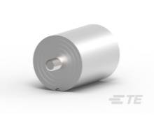 Silberner zylindrischer Motor mit rotierendem Wellenende, dargestellt vor einem neutralen Hintergrund. Linksseitige Ansicht.