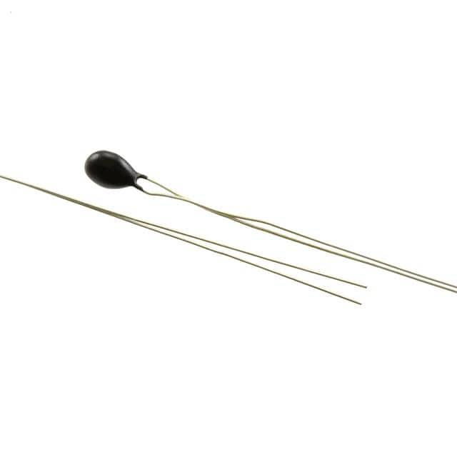 Ein schwarzer Thermistor mit zwei langen Metallanschlüssen auf weißem Hintergrund.