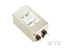 Rechteckiger, metallischer EMI-Filter mit zwei Anschlussbolzen auf einer Seite. Eignet sich für elektromagnetische Störungsunterdrückung.