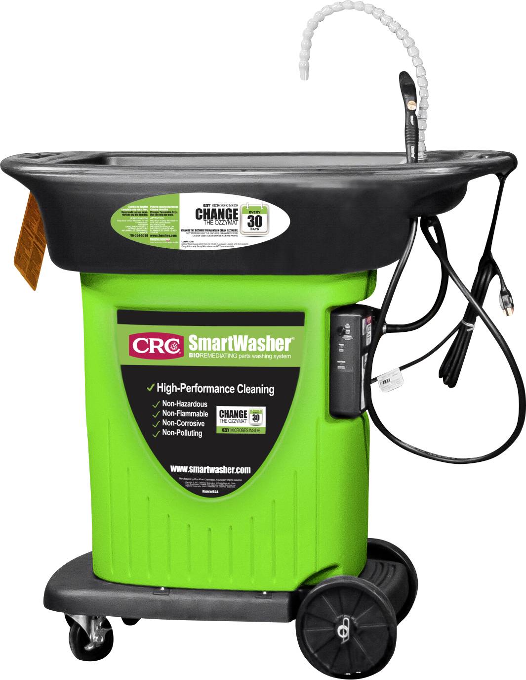 Ein grüner mobiler Waschtisch für Werkstattzwecke mit Rollen. Aufschrift: 'CRC SmartWasher', geeignet für nicht-korrosive Reinigungen.