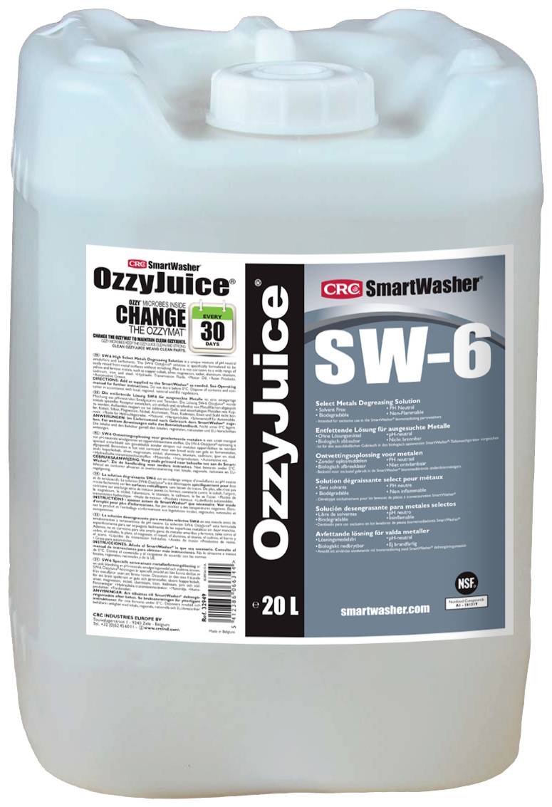 Ein 20-Liter-Kanister mit Reinigungslösung 'OzzyJuice SW-6' von CRC SmartWasher, geeignet für industrielle Reinigungsanwendungen.