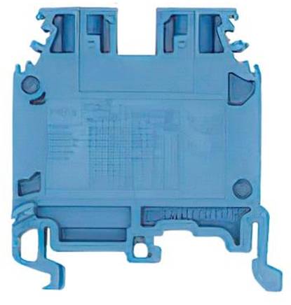 Ein blauer Elektroklemmenblock, der zum Verbinden von Elektrokabeln ausgelegt ist. Er hat mehrere Schlitze und Öffnungen zum Einführen von Drähten.
