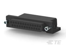 Schwarzer D-Sub-Anschluss mit mehreren Pins, rechteckige Form, geeignet für elektronische Verbindungen, mit Schrauben an den Enden.