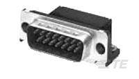 Schwarz-weißer D-Sub-Stecker, links Metallabdeckung mit Befestigungslöcher, 15 Pins sichtbar, verwendet für Computerverbindungen.