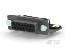 Schwarzer 15-poliger D-Sub-Stecker, seitliche Ansicht. Anschluss für elektronische Geräte. Zwei symmetrische Befestigungslöcher.