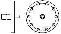 Diagramm eines Flaschenzugs mit einem Rad und mehreren befestigten Seilen, die für Lastübertragung verwendet werden.