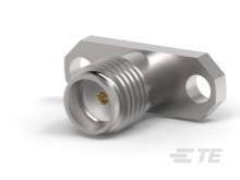 Ein metallischer Koaxialstecker mit einem Gewinde und zwei Befestigungslöchern.