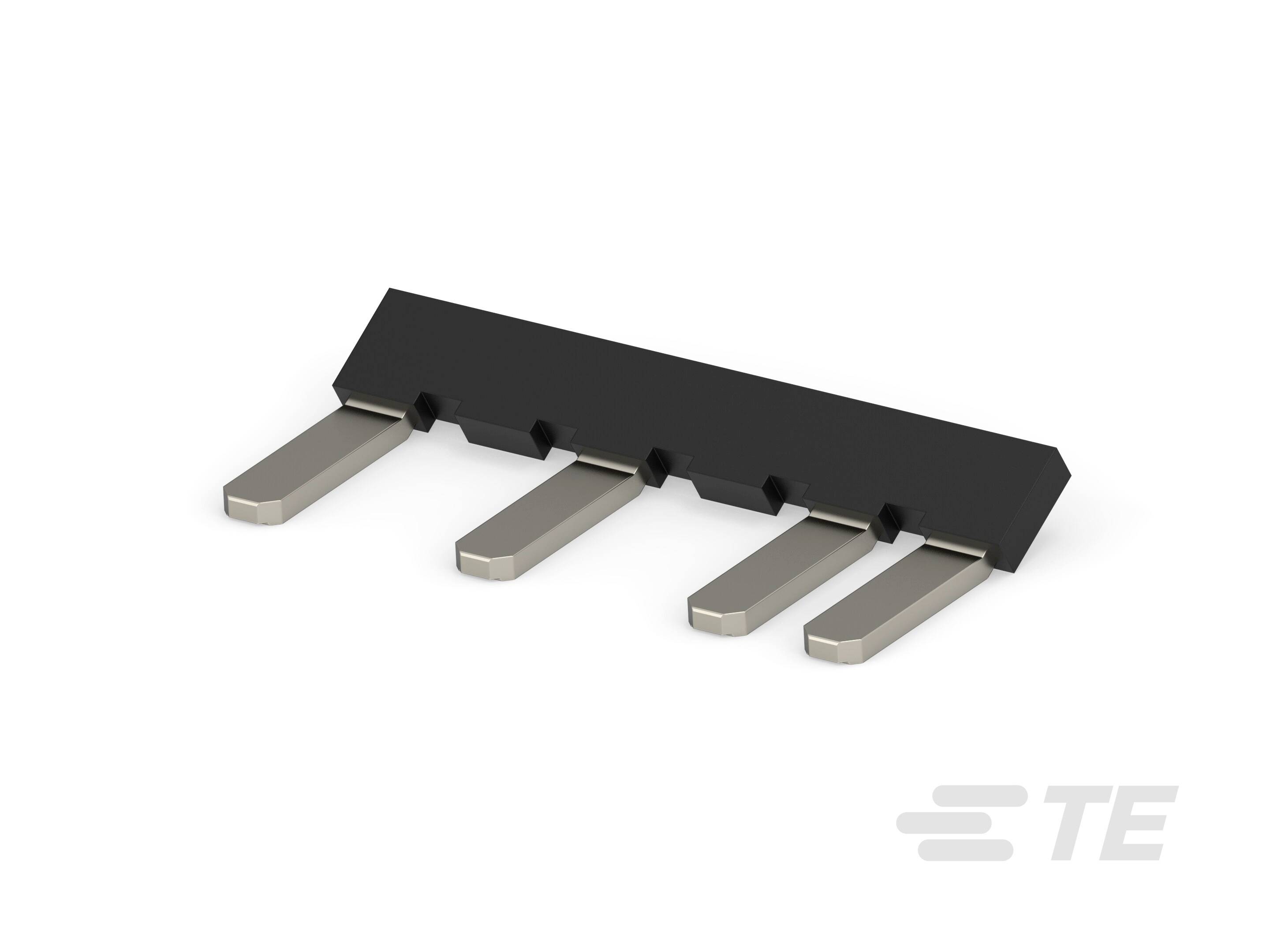 Ein schwarzes, rechteckiges elektronisches Bauteil mit fünf Metallkontakten, das auf einer weißen Fläche liegt.