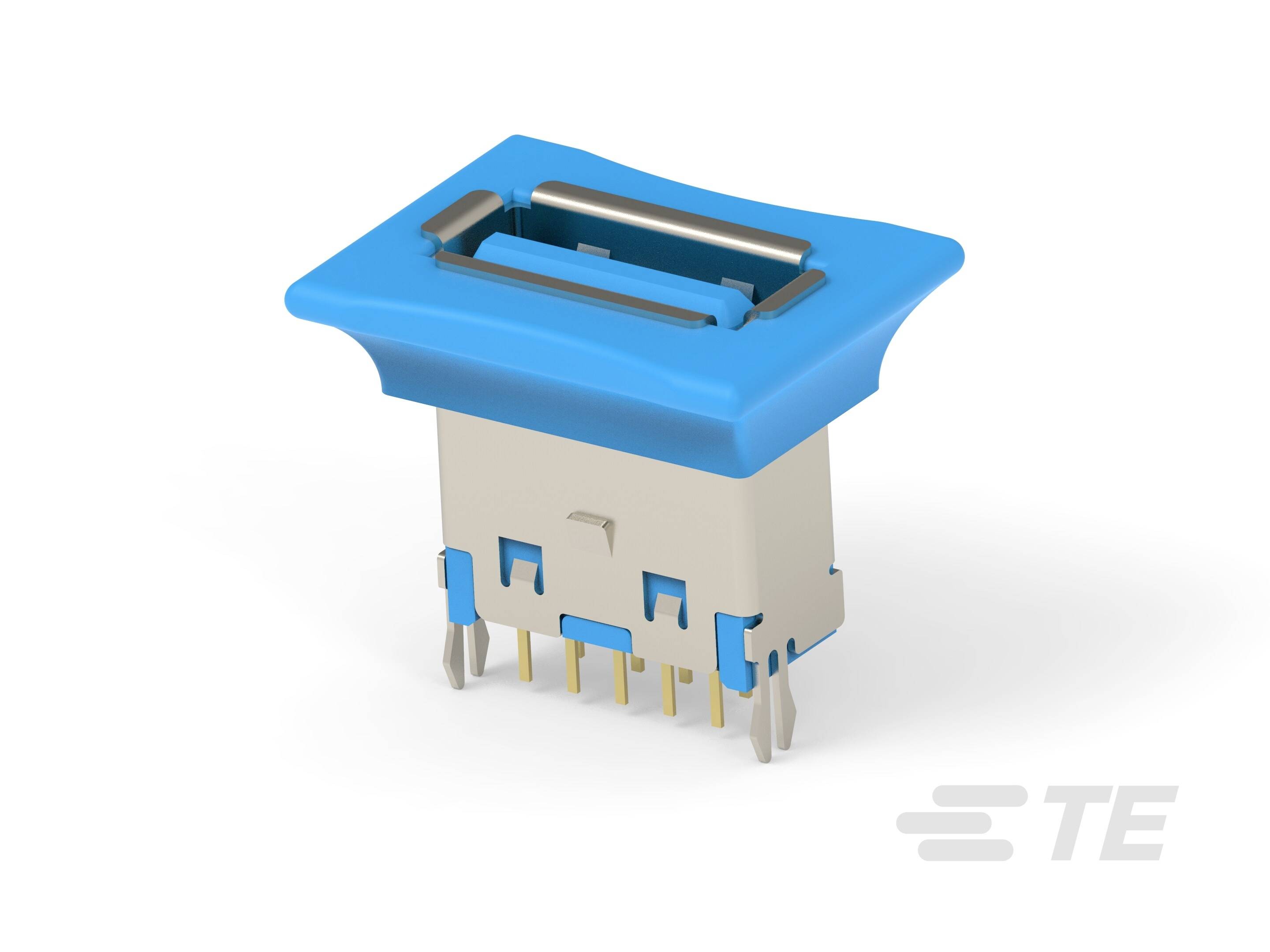 Ein blauer USB-Anschluss in Nahaufnahme. Der Port hat metallene Kontakte und ein rechteckiges Gehäuse. In der Ecke ist ein Logo sichtbar.