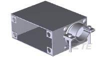 Ein rechteckiges Bauteil mit einem zylindrischen Element an der Seite, möglicherweise Teil einer mechanischen Vorrichtung.