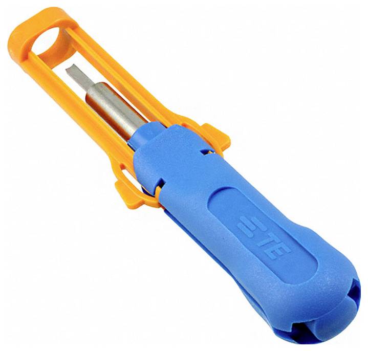 Ein blau-oranges Lichtwellenleiterkabel-Abisolierungswerkzeug, das zum Schneiden und Vorbereiten von Kabeln für die Installation verwendet wird.