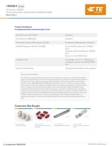 TE Connectivity EMG Latch and Custom Components 1393558-9 Inhalt