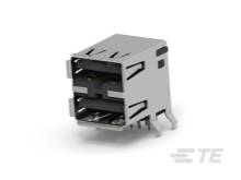Steckverbinder mit zwei USB-Anschlüssen übereinander in einem Metallgehäuse. Verwendung für elektronische Geräteverbindungen.
