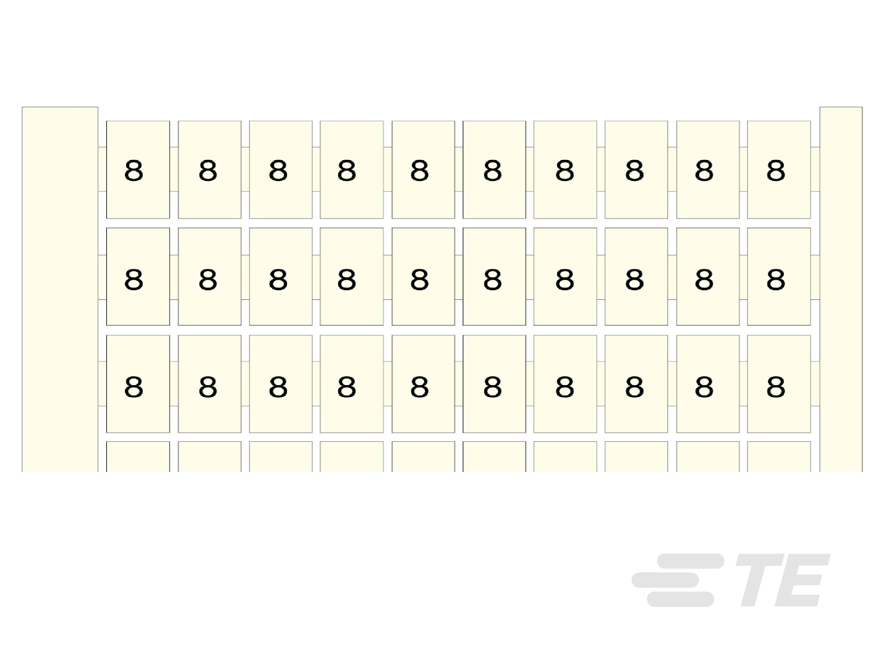 Matrix mit 6 Reihen und 9 Spalten, gefüllt mit der Zahl '8'. Oben und unten sind schmale Streifen. Rechtes Eck trägt das Symbol 'TE'.