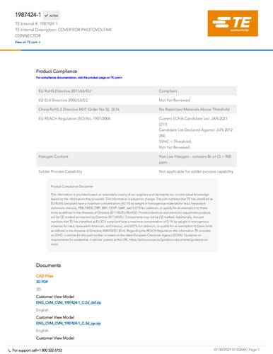 TE Connectivity Solar Installation Market 1987424-1 Inhalt