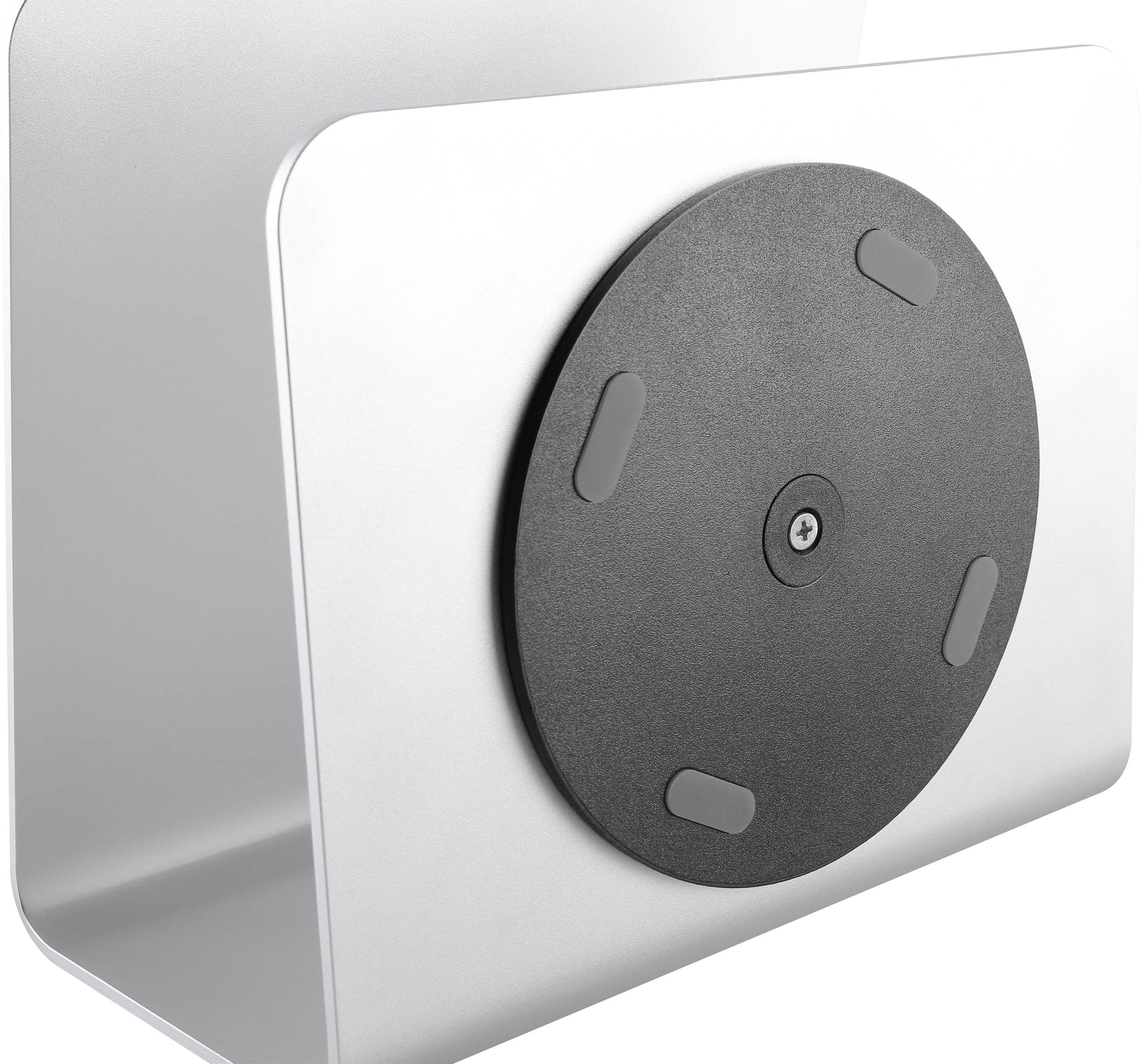 Metallischer Buchständer mit runder, schwarzer Basis, geeignet zum Halten von Büchern oder Tablets auf Tischen oder Schreibtischen.