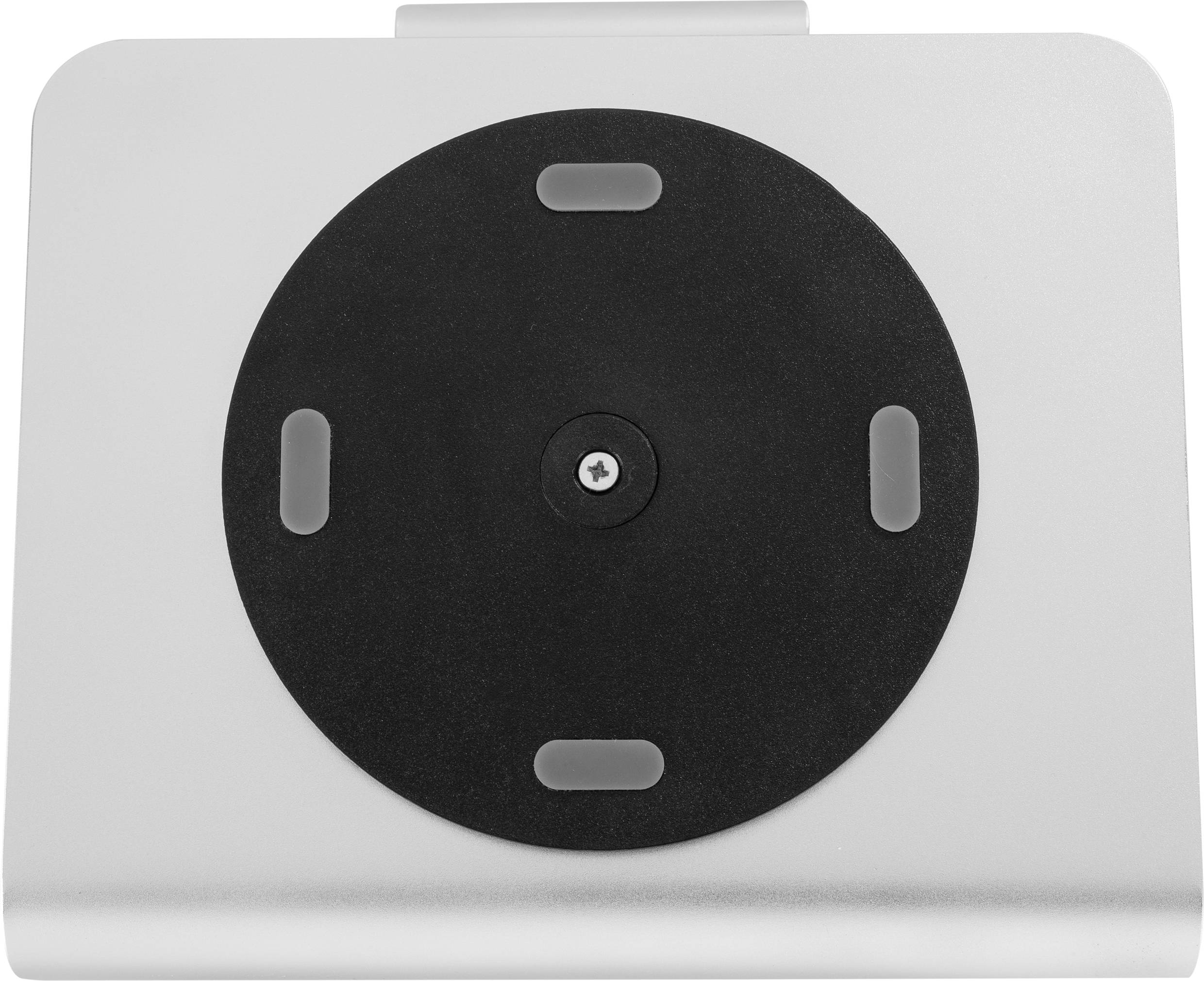 Ein schwarzer, runder VESA-Mount-Adapter auf einer weißen, rechteckigen Oberfläche.