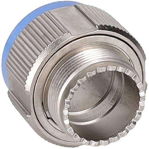 Ein Nahaufnahmebild eines metallischen Rohrleitungsverbinders mit gewindeltem Ende. Es verfügt über eine gerippte Griffoberfläche für sichere Befestigung.