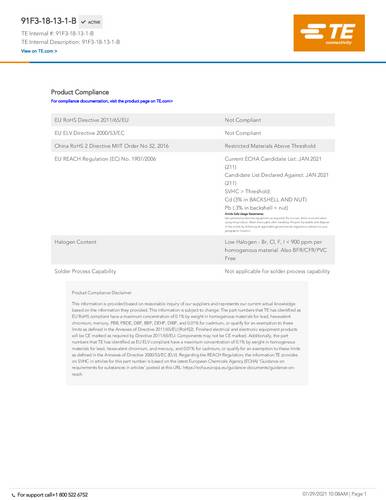 TE Connectivity 91F3-18-13-1-B 1 St. Package