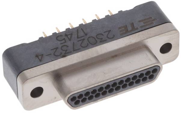 Ein rechteckiger elektronischer Stecker mit mehreren Stiften und zwei Schraubenlöchern zur Befestigung, gekennzeichnet als „TE 2308732-4 14S