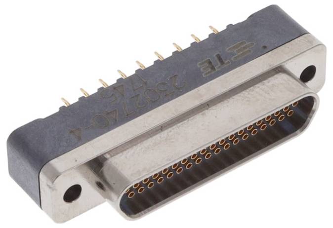 Zwei schwarze rechteckige Elektrostecker, einer zeigt die Steckerseite und der andere die Buchsenseite, mit der Bezeichnung AMP D-3100.
