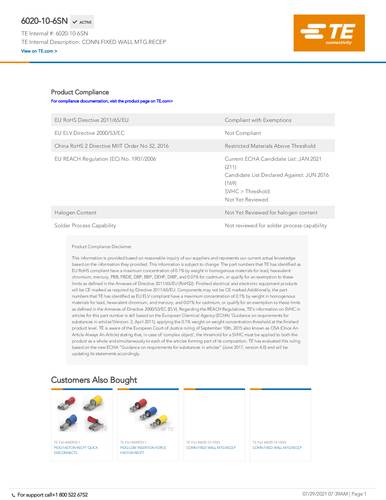 teconnectivity TE Connectivity 6020-10-6SN Package 1St.