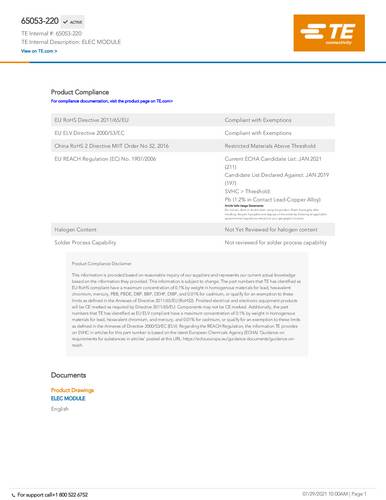 TE Connectivity 65053-220 1 St. Package