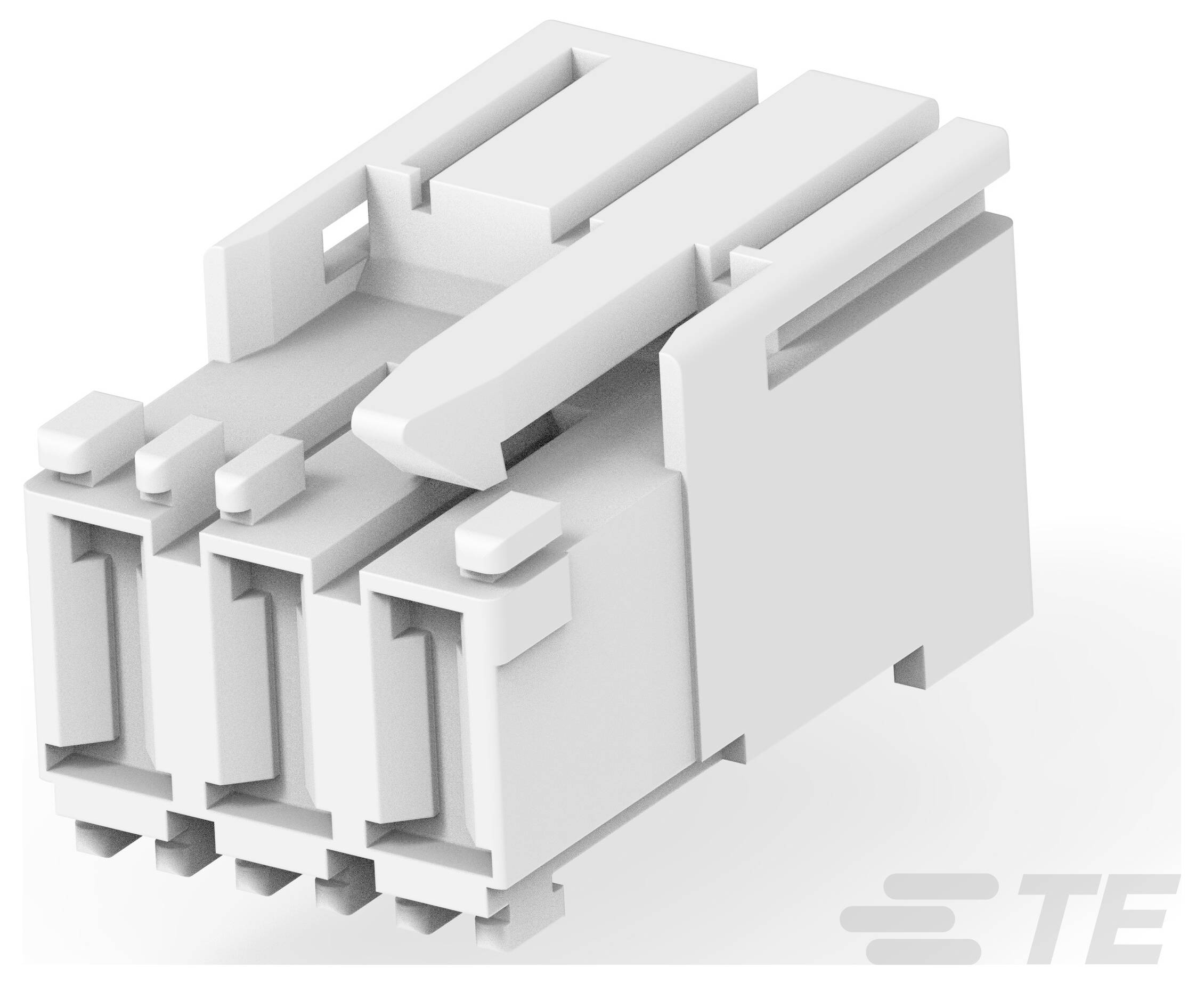 Ein Drei-Positions-Steckerblock mit detaillierten Verriegelungsmechanismen und nebeneinander angeordneten Anschlüssen für elektrische Verbindungen.