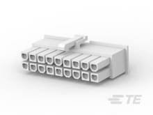 Steckverbinder mit 16 rechteckigen Kontakten in zwei Reihen. Weißes Gehäuse mit Verriegelungsmechanismus oben. Verwendet in elektronischen Geräten.