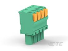 Ein grüner, sechspoliger Steckverbinder mit orangefarbenen Hebeln für sichere elektrische Verbindungen in elektronischen Geräten.