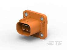 Eine orange Steckverbindung für elektrische Anwendungen, montiert auf einer rechteckigen Platte mit vier Schraubenlöchern an den Ecken.
