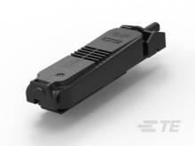 Schwarzer elektrischer Steckverbinder von Eaton, rechteckige Form mit Kabelanschluss, auf weißem Hintergrund dargestellt.