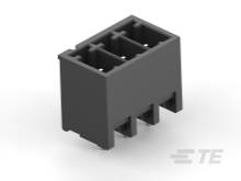 Ein schwarzer Kunststoffstecker mit drei Öffnungen, verwendet für elektronische Verbindungen. Rechteckige Form und einfacher Aufbau.