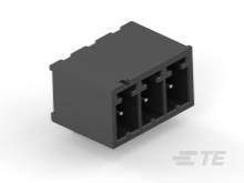 Ein schwarzer Kunststoffstecker mit vier Buchsen, rechteckige Form. Oben drei kleine Einkerbungen. Steckverbinder für elektronische Geräte.