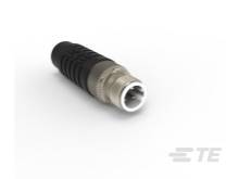 Ein zylindrischer, metallischer Stecker mit Kunststoffüberzug und hervorstehender Verbindung.