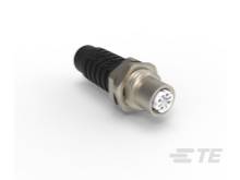 Ein runder Metallstecker mit schwarzer Isolierung und mehreren Kontaktstiften. Geeignet für elektronische Verbindungen.