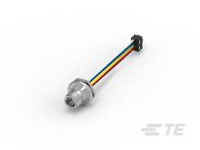 Verkabelter elektronischer Stecker mit mehrfarbigen Drähten, zeigt ein gelbes, blaues, rotes und schwarzes Kabel, die in der Spule enden.