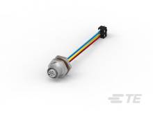 Metallsensor mit vier farbigen Kabeln (blau, gelb, rot, schwarz), die in einem kleinen schwarzen Stecker enden.