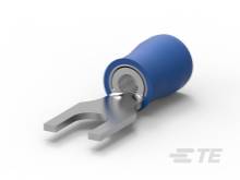 Gabelschuh-Anschluss: Metallverbinder mit blauer Kunststoffisolation, dient zur sicheren Verbindung elektrischer Kabel.