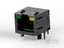 Ein RJ45-Netzwerkstecker mit zwei LED-Anzeigen in Gelb und Grün, zeigt den Verbindungsstatus und die Aktivität an.