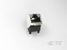 Ein weißer und schwarzer RJ45-Netzwerkstecker auf einem hellgrauen Hintergrund, leicht aus der Vogelperspektive fotografiert.