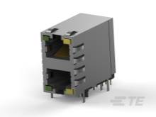 Doppelte Ethernet-Buchse mit Metallgehäuse und LED-Anzeigen für Netzwerkverbindungen.
