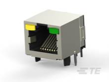 Ein RJ45-Buchsenanschluss mit gelben und grünen Markierungen, für Netzwerkkabelverbindungen in Computern und anderen Geräten.