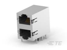 Zweifacher Ethernet-Port-Stecker für elektronische Anwendungen, mit rechteckigen Öffnungen und Metallstiften zur Platinenmontage.