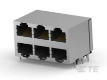 Sechsfache Ethernet-Anschlussbuchse für Netzwerkkabel, rechteckig, grau, mit sechs quadratischen Ports in zwei Reihen.