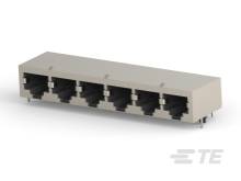 Eine 6-fach Ethernet-Buchse mit parallelen Ports in einem rechteckigen Gehäuse, laut Hersteller von TE Connectivity.