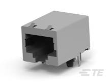 Grauer RJ45-Netzwerkanschluss mit acht Pins, geeignet für Ethernet-Verbindungen. Seitenansicht des Bauteils mit Lötanschlüssen.
