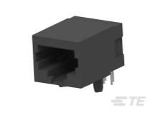 Ein schwarzer RJ45-Anschluss für Ethernet-Kabel mit Pins an der rechten Seite, geeignet für Netzwerkverbindungen.