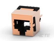 Ein rechteckiger elektronischer Steckverbinder in beige mit schwarzen Einsätzen, geeignet für Netzwerkkabelverbindungen.