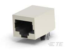 Ein einzelner RJ45-Buchsenanschluss zur Leiterplattenmontage in Beige. Geeignet für Ethernet-Netzwerkverbindungen.